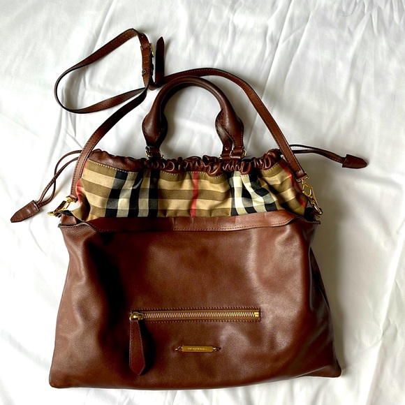 Burberry Handbags - Burberry Brown Leather/Nova Check Cinch Tote